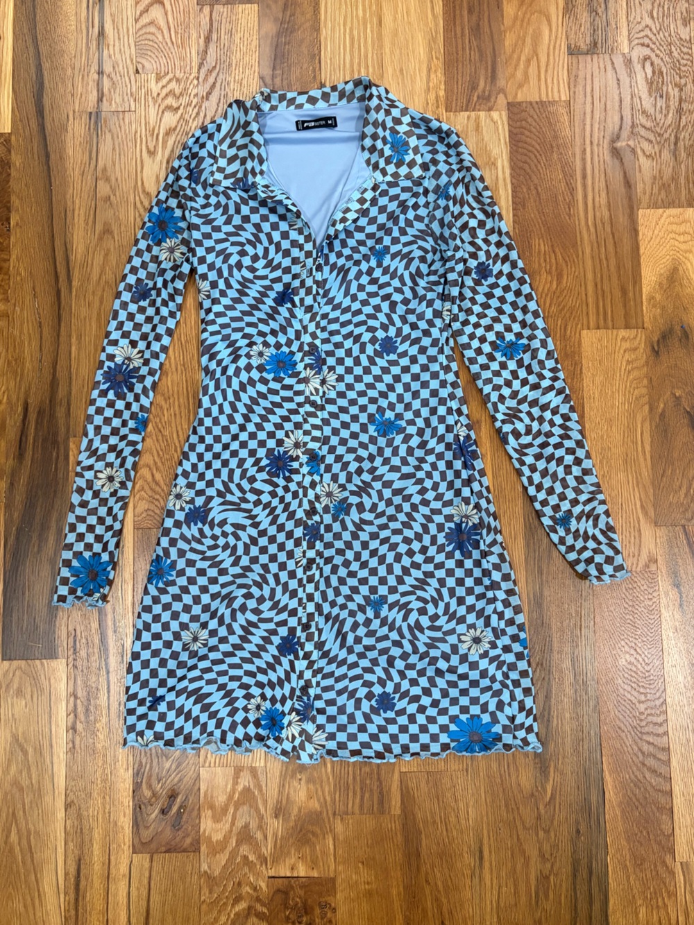 Blue Checkerboard Floral Long-Sleeve Women’s Dress